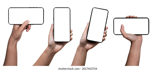 Hand holding Smartphone and isolated on white background for your mobile phone app or web site design, logo Global Business technology - include clipping path. (Businessman hand Phone)