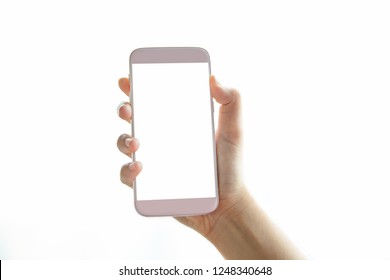 hand holding smartphone mobile and touching screen isolated on white background