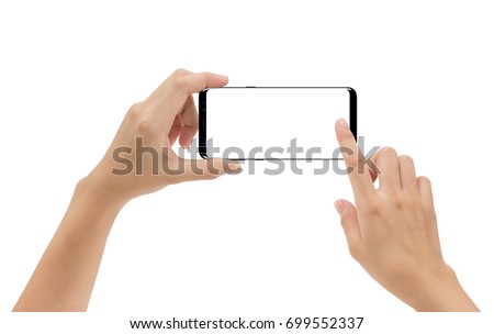 hand holding smartphone mobile and touching screen isolated on white background, cliping path inside