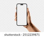 hand holding smartphone mockup with a Transparent screen as png isolated on empty background, mobile phone hand mockup