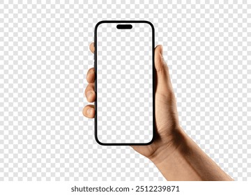 hand holding smartphone mockup with a Transparent screen as png isolated on empty background, mobile phone hand mockup