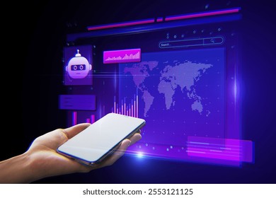 A hand holding a smartphone with a neon digital interface, featuring AI bot graphics, global charts, and data visualization, on a dark background - Powered by Shutterstock