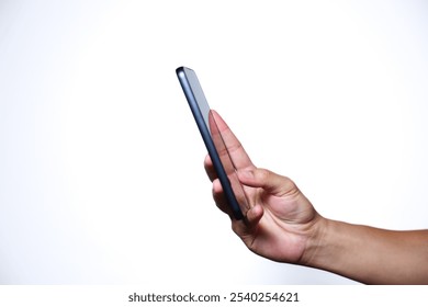 Hand holding smartphone on white background. QR code payment concept. Digital money payment.