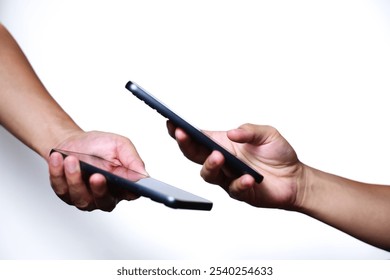 Hand holding smartphone on white background. QR code payment concept. Digital money payment.