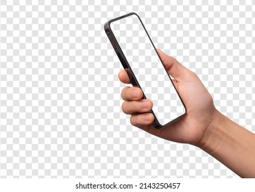 Hand holding smartphone phone with blank screen and modern frameless design, hold Mobile phone on transparent background Ideal for marketing, app design, UI and UX - include clipping path.