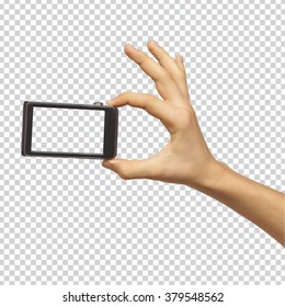 Hand Holding Smartphone With Transparent Blank Screen On Transparent Background With Clipping Path