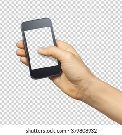 Hand Holding Smartphone With Transparent Blank Screen On Transparent Background With Clipping Path