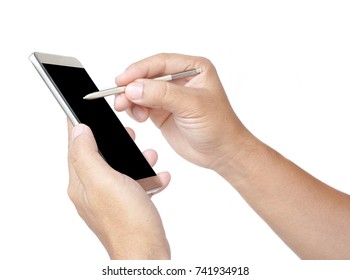 Hand Holding A Smartphone And Use Stylus.