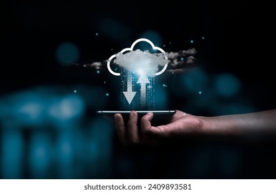 Hand holding smartphone with virtual cloud computing technology for uploading and downloading information data concept. - Powered by Shutterstock