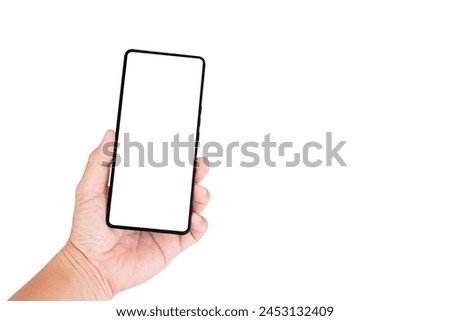 A hand holding a smartphone  with a white background, clipping path.
