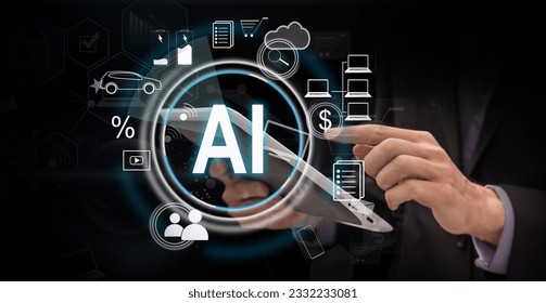 Hand holding smatphone with creative ai circuit brain and icons. Artificial intelligence and communication concept