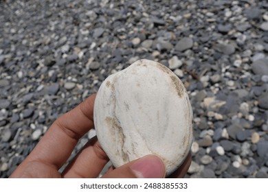 Hand holding a smooth white stone in focus with a pebbled beach and calm ocean in the background under a vast cloudy sky. - Powered by Shutterstock