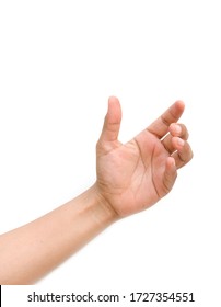 a hand holding something like a bottle or smartphone on white backgrounds, isolated
