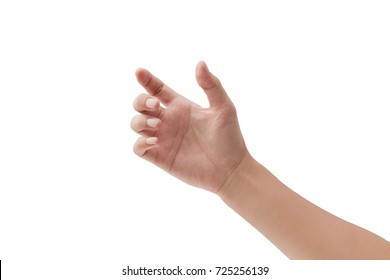 a hand holding something like a bottle or smartphone on white backgrounds, isolated - Powered by Shutterstock