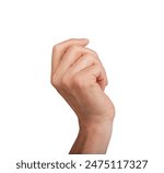 Hand holding something, partially curled into a fist, isolated on white background. Gesture indicating a grasp or hold, ideal for interaction and communication concepts. Close up