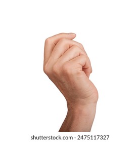 Hand holding something, partially curled into a fist, isolated on white background. Gesture indicating a grasp or hold, ideal for interaction and communication concepts. Close up