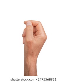 Hand holding something small, isolated on white background. Gesture indicating a pinch or grasp, ideal for interaction and communication concepts. Close up view showing detail.