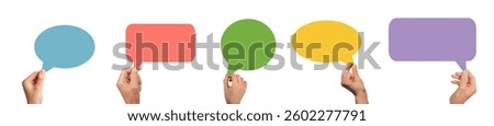 Hand holding speech bubble with empty space for feedback and comment. Concept of communication, marketing, and advertising. White background. live conversation, notification, and content. Isolated.