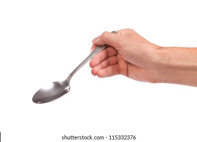 Hand Is Holding A Spoon Isolated On A White Background