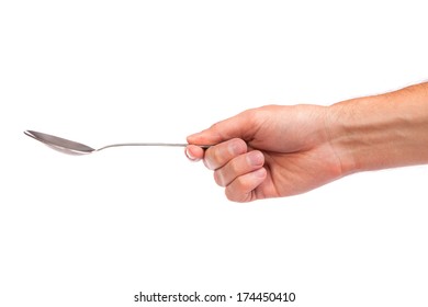 Hand Is Holding A Spoon Isolated On A White Background