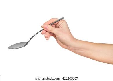 Hand Is Holding A Spoon Isolated On A White Background