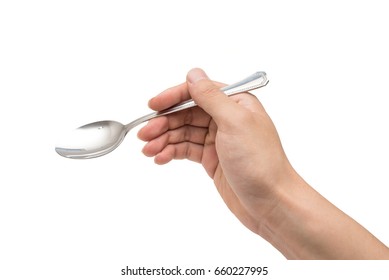 Hand Holding Spoon Isolated On White Background