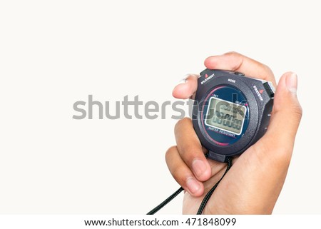 Hand holding sport watch timer isolated on white background