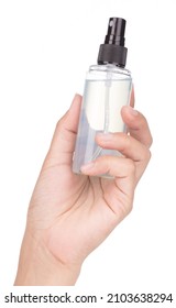 Hand Holding Spray Bottle Isolated On White Background