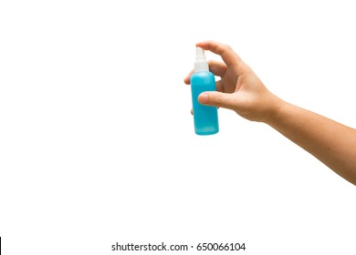 Hand Holding Spray Bottle Isolated On White.