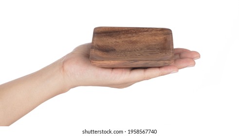 Hand Holding Square Wooden Plate Isolated On White Background 