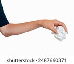 Hand holding squeezing crumbled paper isolated on a white background. Man hand throwing crumbled waste paper in an idea of to trow in recycle trash.