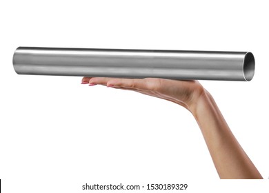 Hand Holding Stainless Steel Pipe Isolated On White