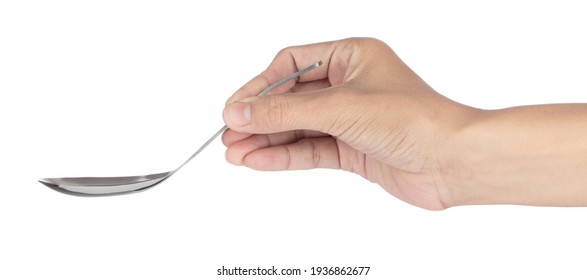 Hand Holding Stainless Steel Soup Spoon Isolated On White Background.