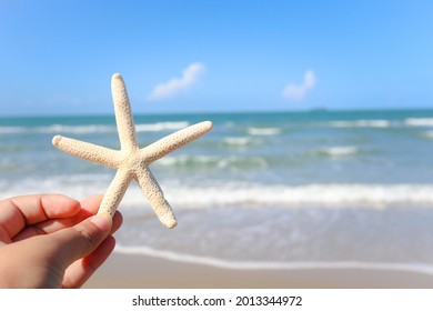 Hand Holding Starfish With Beautiful Tropical Summer Sand Beach Island, Relaxing Vacation Summer Blue Sea Concept.