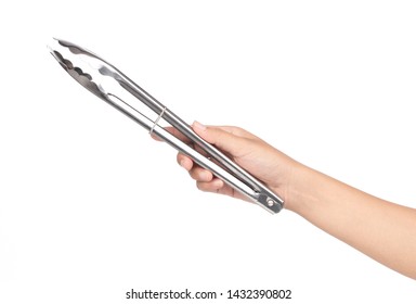 Hand Holding Steel Spoon Tongs Isolated On White Background