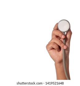 hand holding a stethoscope isolated on white background