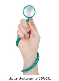 Hand holding a stethoscope isolated on white background (examining) 