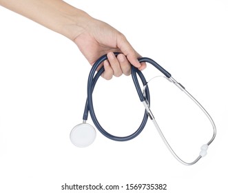 Hand holding stethoscope isolated on white background