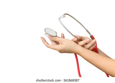 hand holding stethoscope on isolate white background