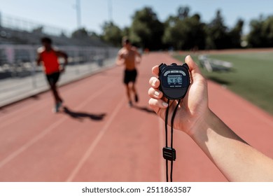 Hand holding stopwatch by a running track - Powered by Shutterstock