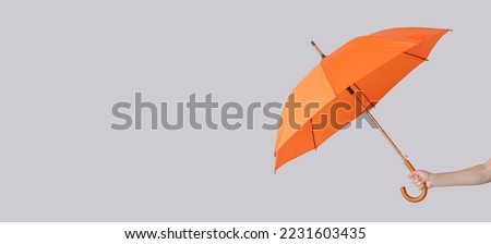 Hand holding stylish orange umbrella on grey background with space for text
