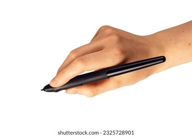 Hand holding stylus, pen tool isolated on white background.