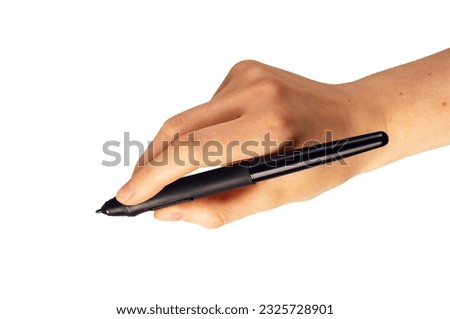 Hand holding stylus, pen tool isolated on white background.