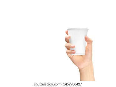 Hand Holding A Styrofoam Cup With Coffee Isolated Over White Background