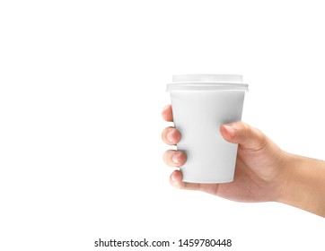 Hand Holding A Styrofoam Cup With Coffee Isolated Over White Background