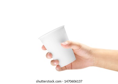 Hand Holding A Styrofoam Cup With Coffee Isolated Over White Background