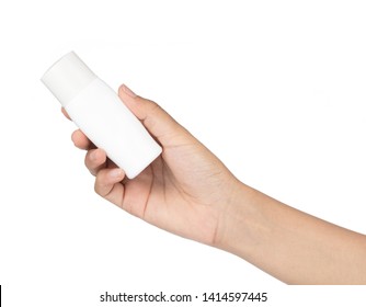 Hand Holding Sunscreen Bottle Isolated On White Background.