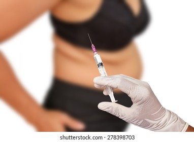 Hand Holding Syringe Concept Of Weight Loss Surgery, Liposuction.