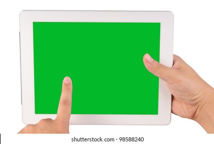 Hand Holding A Tablet Computer With Blank Green Screen Isolated On White