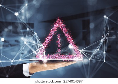 Hand holding tablet with digital red warning exclamation sign in hologram form, futuristic blue background, concept of cybersecurity alert.